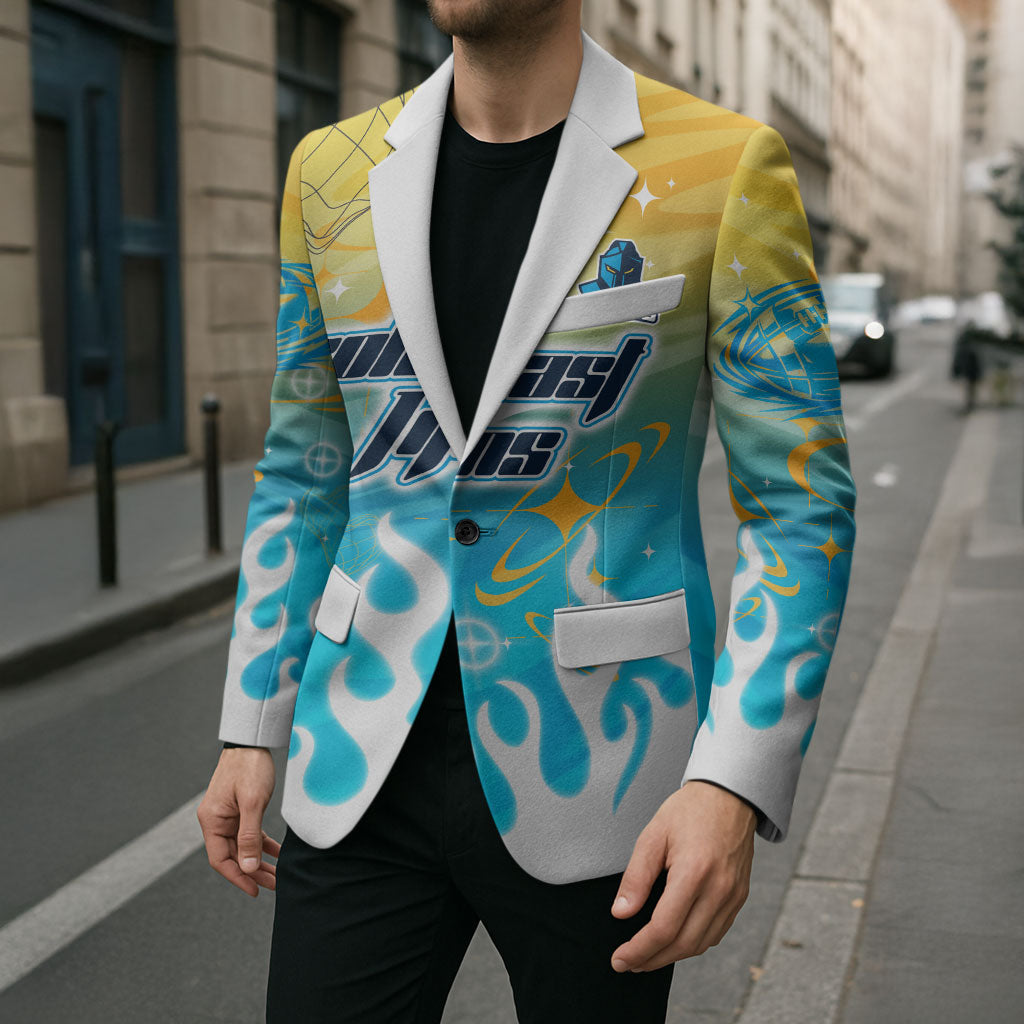 Personalized Gold Coast Titans Blazer Y2K Grunge Aesthetic With Cyber Flames and Starburst Graphics