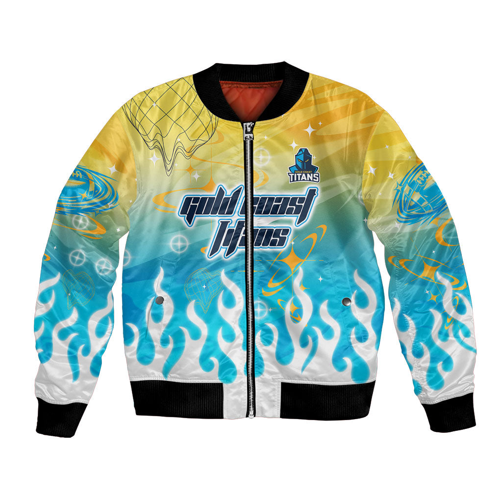 Personalized Gold Coast Titans Bomber Jacket Y2K Grunge Aesthetic With Cyber Flames and Starburst Graphics