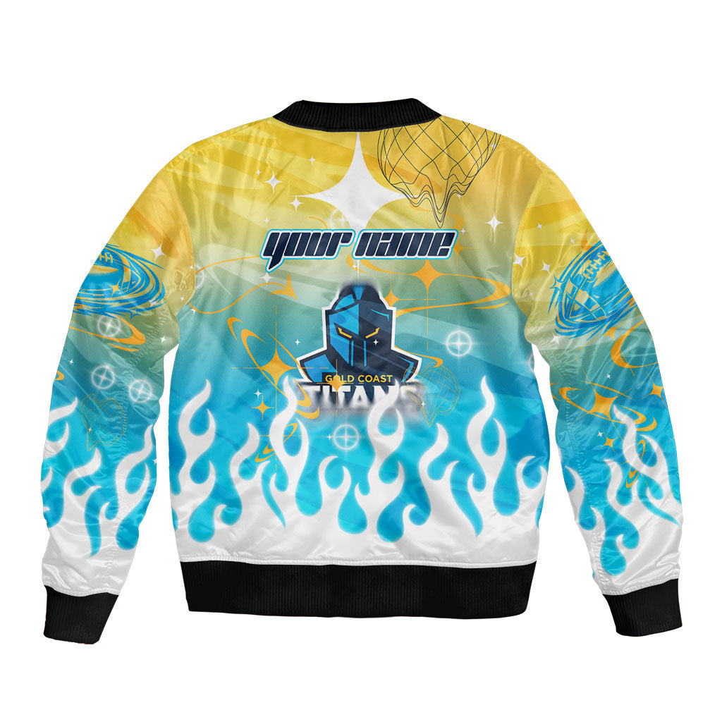 Personalized Gold Coast Titans Bomber Jacket Y2K Grunge Aesthetic With Cyber Flames and Starburst Graphics