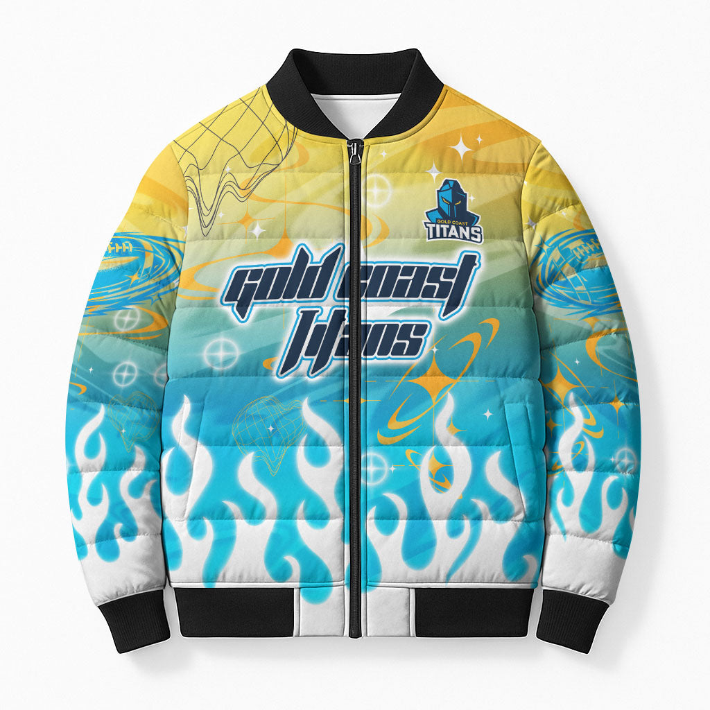 Personalized Gold Coast Titans Bomber Puffer Jacket Y2K Grunge Aesthetic With Cyber Flames and Starburst Graphics