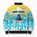 Personalized Gold Coast Titans Bomber Puffer Jacket Y2K Grunge Aesthetic With Cyber Flames and Starburst Graphics