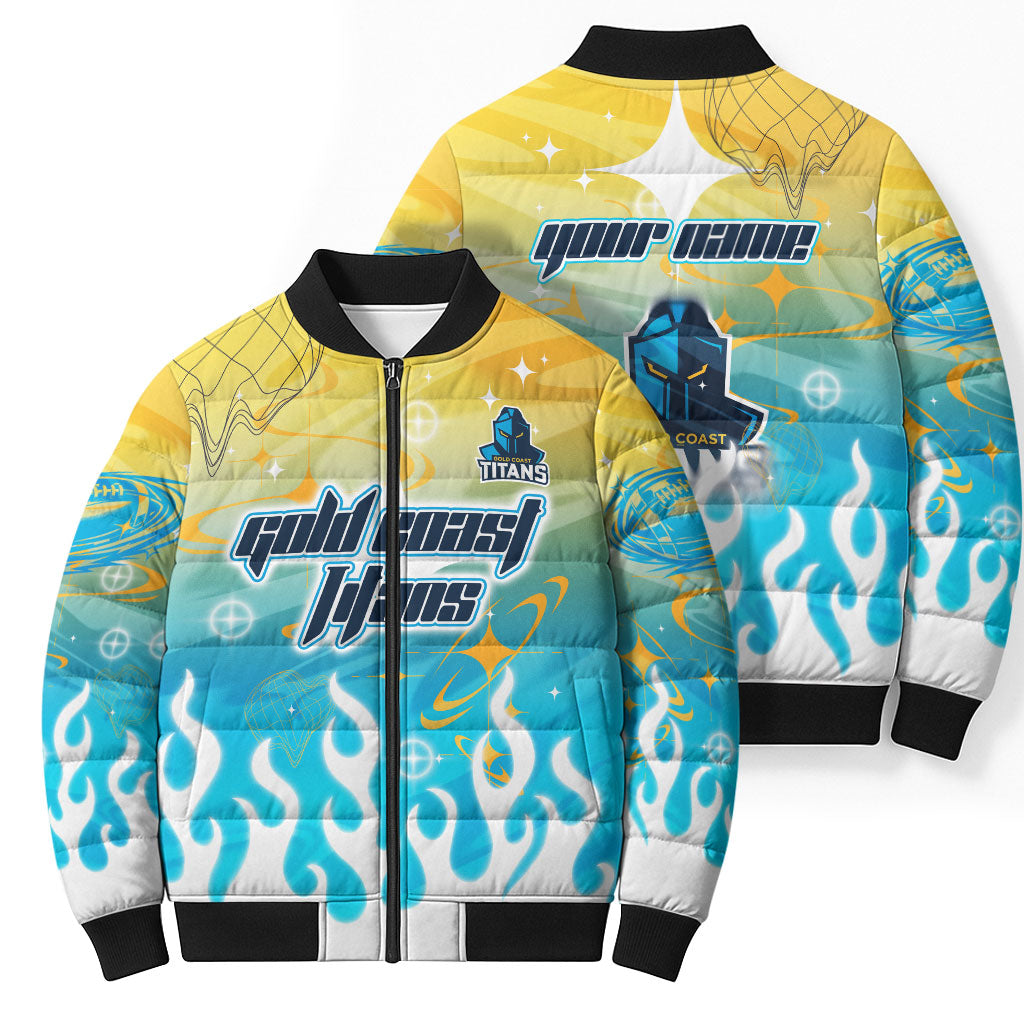 Personalized Gold Coast Titans Bomber Puffer Jacket Y2K Grunge Aesthetic With Cyber Flames and Starburst Graphics