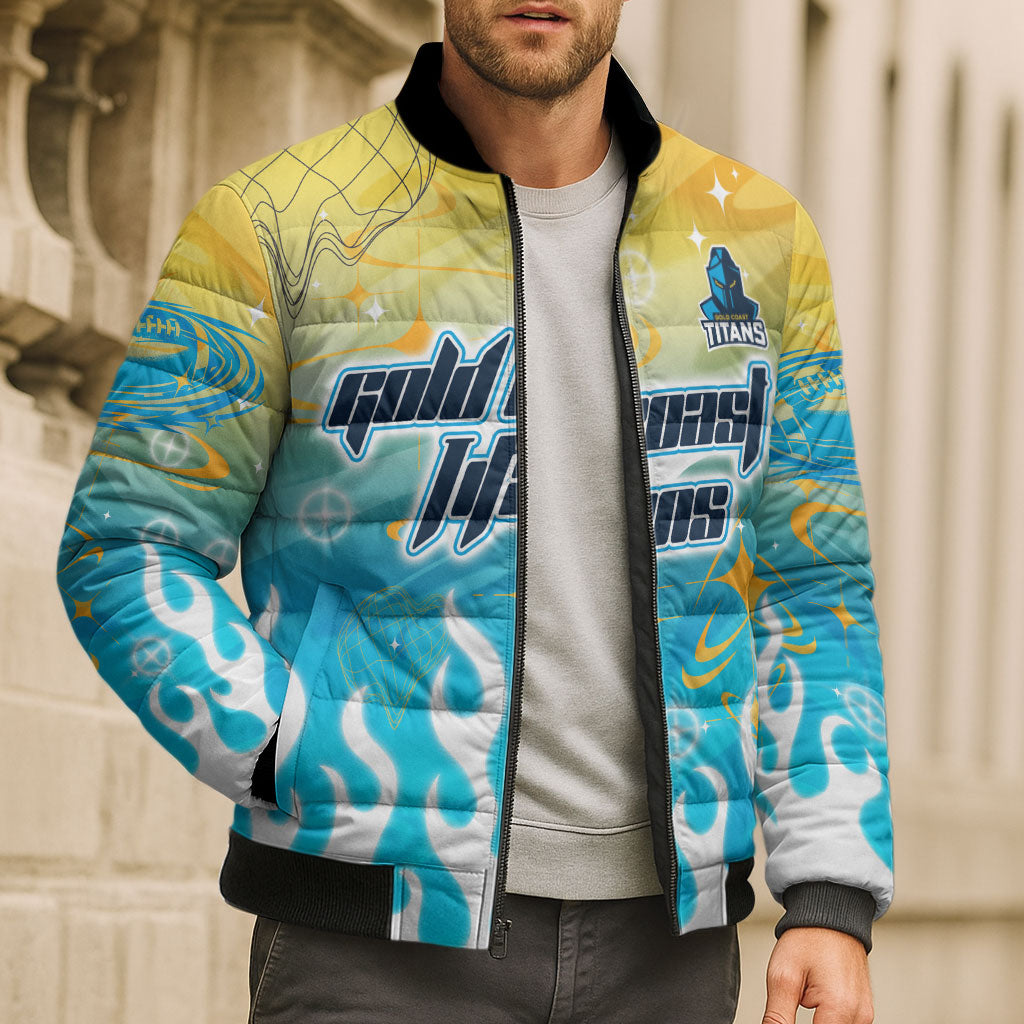 Personalized Gold Coast Titans Bomber Puffer Jacket Y2K Grunge Aesthetic With Cyber Flames and Starburst Graphics
