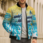 Personalized Gold Coast Titans Bomber Puffer Jacket Y2K Grunge Aesthetic With Cyber Flames and Starburst Graphics