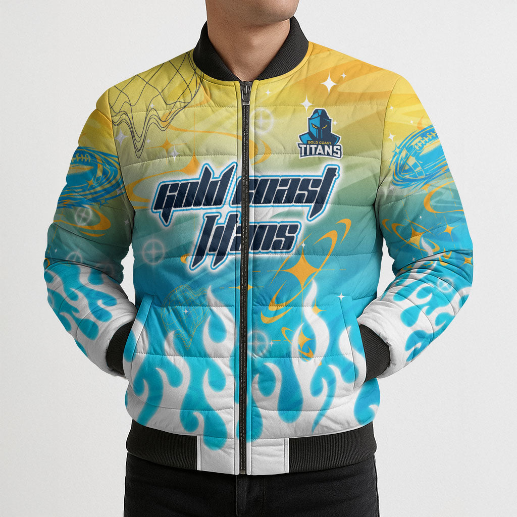 Personalized Gold Coast Titans Bomber Puffer Jacket Y2K Grunge Aesthetic With Cyber Flames and Starburst Graphics