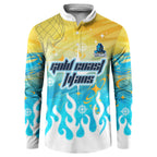 Personalized Gold Coast Titans Button Sweatshirt Y2K Grunge Aesthetic With Cyber Flames and Starburst Graphics