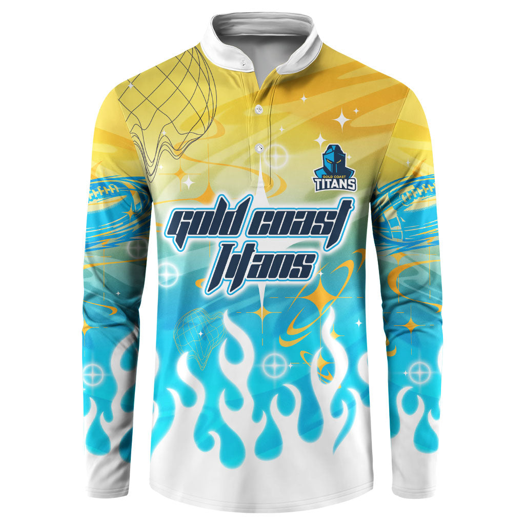 Personalized Gold Coast Titans Button Sweatshirt Y2K Grunge Aesthetic With Cyber Flames and Starburst Graphics