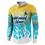 Personalized Gold Coast Titans Button Sweatshirt Y2K Grunge Aesthetic With Cyber Flames and Starburst Graphics