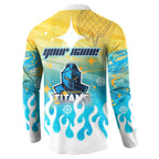 Personalized Gold Coast Titans Button Sweatshirt Y2K Grunge Aesthetic With Cyber Flames and Starburst Graphics