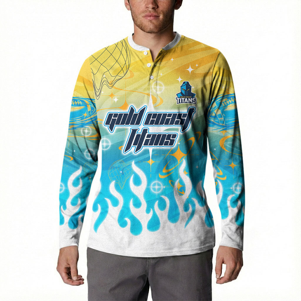 Personalized Gold Coast Titans Button Sweatshirt Y2K Grunge Aesthetic With Cyber Flames and Starburst Graphics