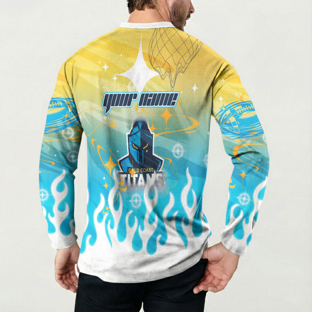 Personalized Gold Coast Titans Button Sweatshirt Y2K Grunge Aesthetic With Cyber Flames and Starburst Graphics