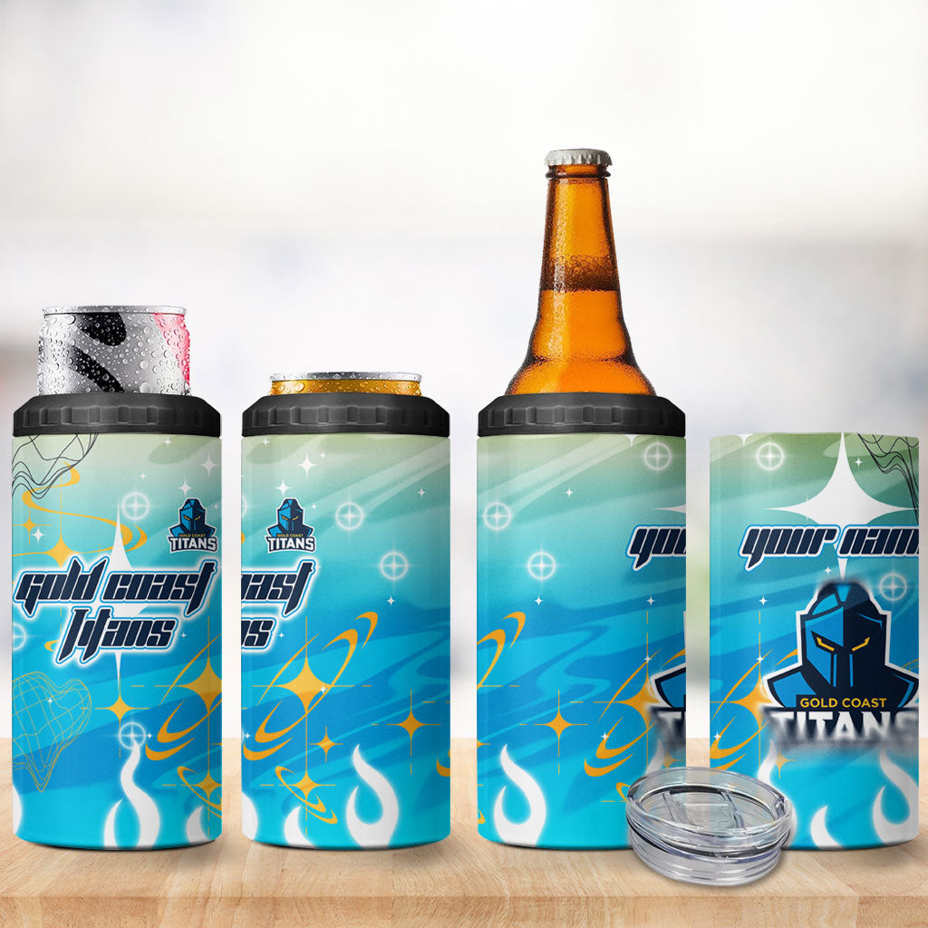 Personalized Gold Coast Titans 4 in 1 Can Cooler Tumbler Y2K Grunge Aesthetic With Cyber Flames and Starburst Graphics