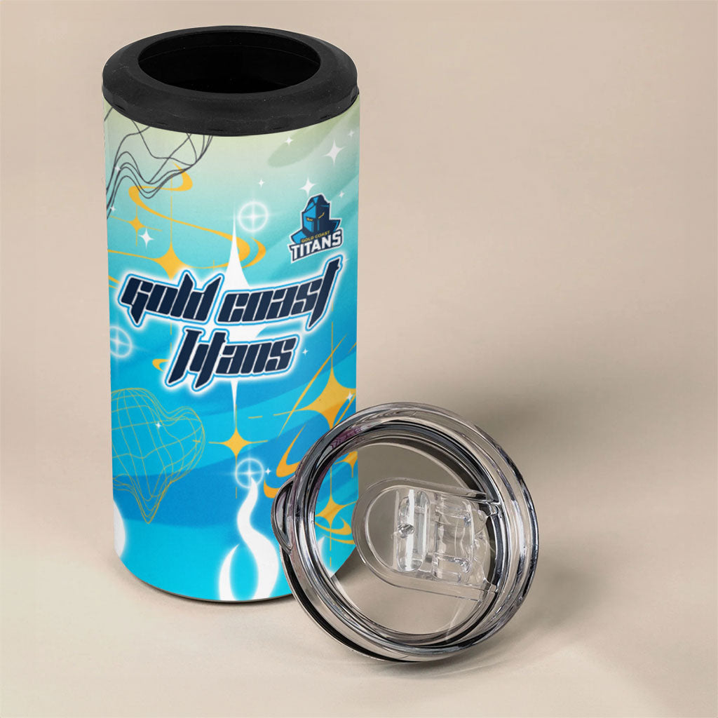 Personalized Gold Coast Titans 4 in 1 Can Cooler Tumbler Y2K Grunge Aesthetic With Cyber Flames and Starburst Graphics