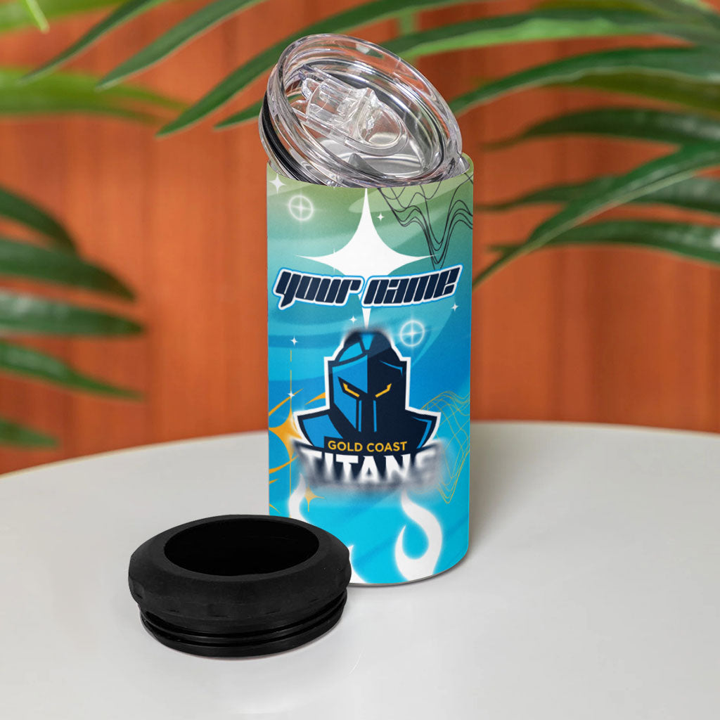 Personalized Gold Coast Titans 4 in 1 Can Cooler Tumbler Y2K Grunge Aesthetic With Cyber Flames and Starburst Graphics