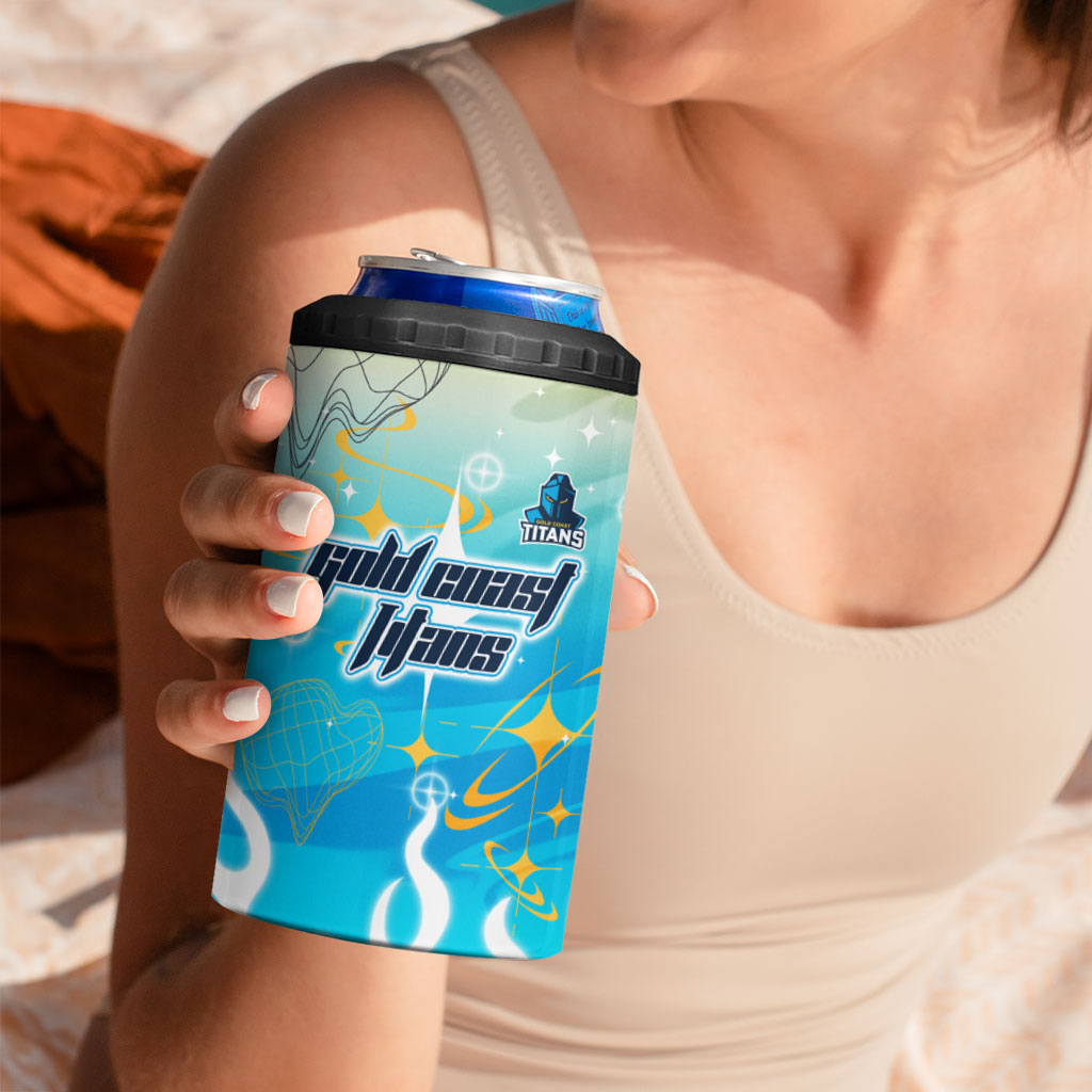 Personalized Gold Coast Titans 4 in 1 Can Cooler Tumbler Y2K Grunge Aesthetic With Cyber Flames and Starburst Graphics