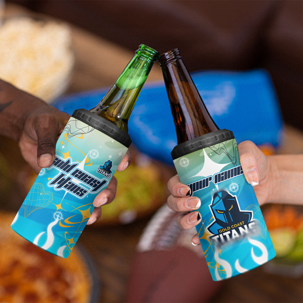 Personalized Gold Coast Titans 4 in 1 Can Cooler Tumbler Y2K Grunge Aesthetic With Cyber Flames and Starburst Graphics