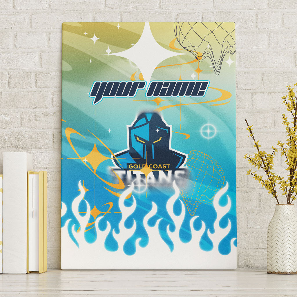 Personalized Gold Coast Titans Canvas Wall Art Y2K Grunge Aesthetic With Cyber Flames and Starburst Graphics
