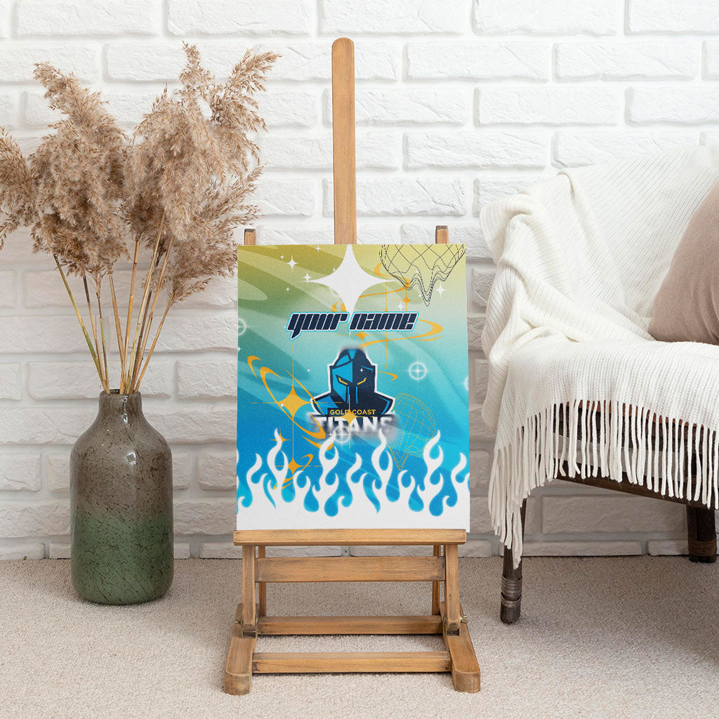 Personalized Gold Coast Titans Canvas Wall Art Y2K Grunge Aesthetic With Cyber Flames and Starburst Graphics