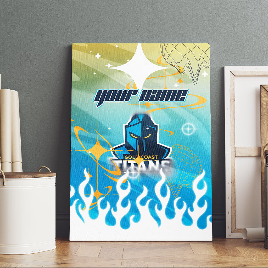 Personalized Gold Coast Titans Canvas Wall Art Y2K Grunge Aesthetic With Cyber Flames and Starburst Graphics