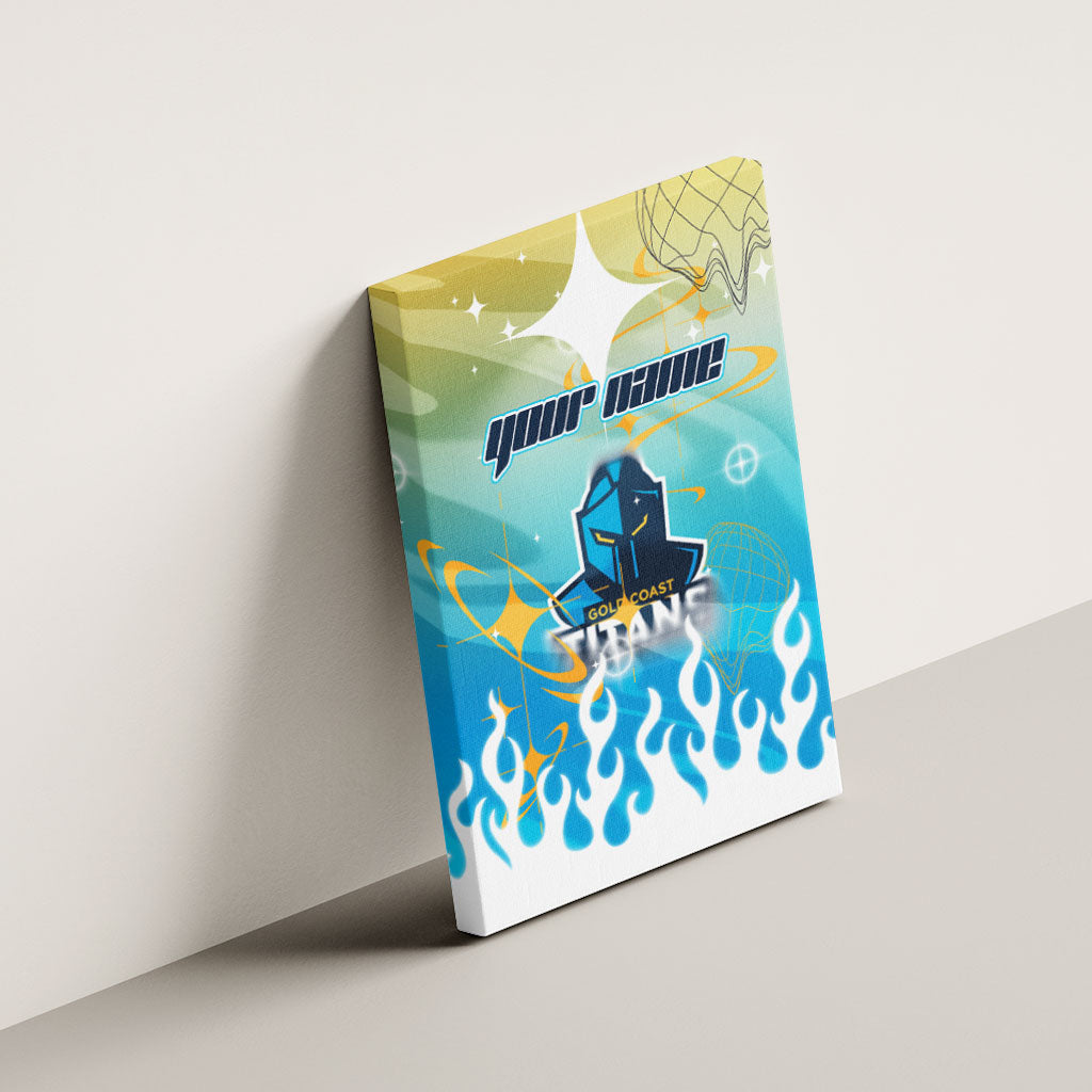 Personalized Gold Coast Titans Canvas Wall Art Y2K Grunge Aesthetic With Cyber Flames and Starburst Graphics