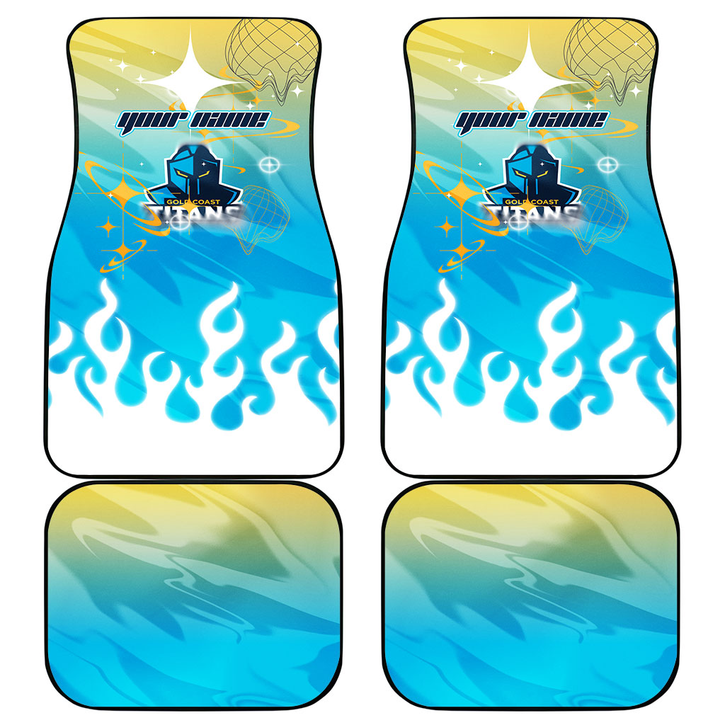 Personalized Gold Coast Titans Car Mats Y2K Grunge Aesthetic With Cyber Flames and Starburst Graphics