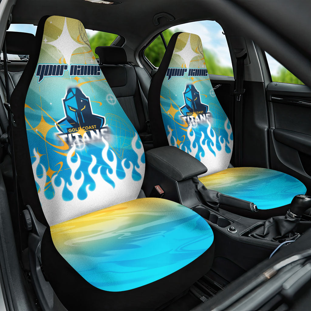 Personalized Gold Coast Titans Car Seat Cover Y2K Grunge Aesthetic With Cyber Flames and Starburst Graphics