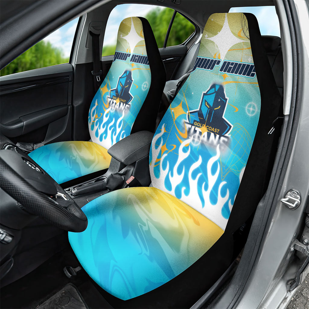 Personalized Gold Coast Titans Car Seat Cover Y2K Grunge Aesthetic With Cyber Flames and Starburst Graphics