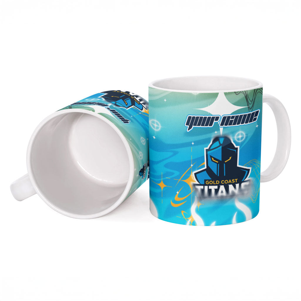 Personalized Gold Coast Titans Ceramic Mug Y2K Grunge Aesthetic With Cyber Flames and Starburst Graphics