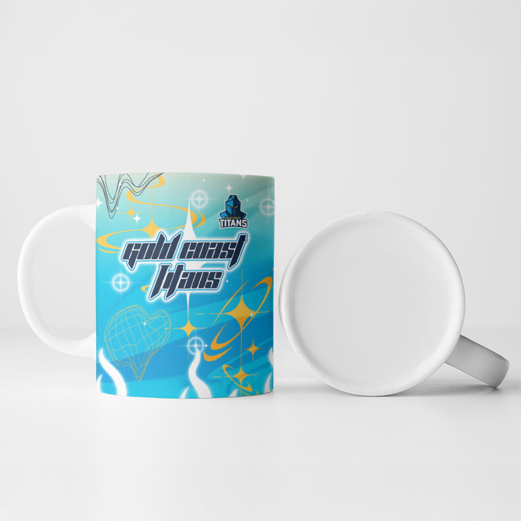 Personalized Gold Coast Titans Ceramic Mug Y2K Grunge Aesthetic With Cyber Flames and Starburst Graphics