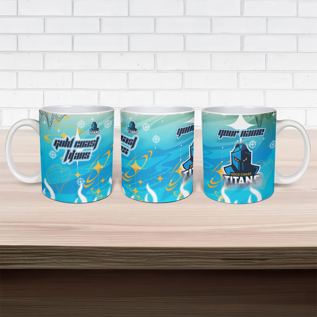 Personalized Gold Coast Titans Ceramic Mug Y2K Grunge Aesthetic With Cyber Flames and Starburst Graphics