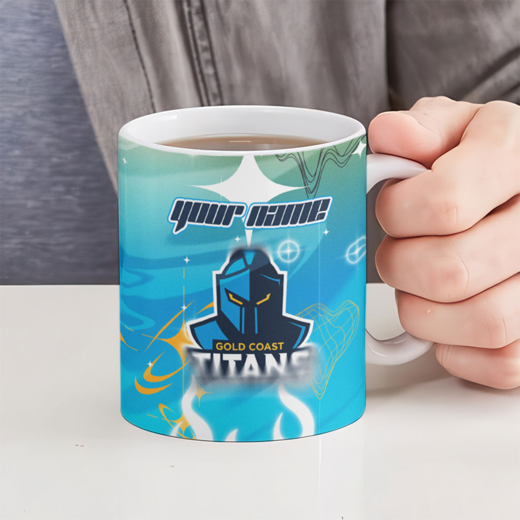 Personalized Gold Coast Titans Ceramic Mug Y2K Grunge Aesthetic With Cyber Flames and Starburst Graphics