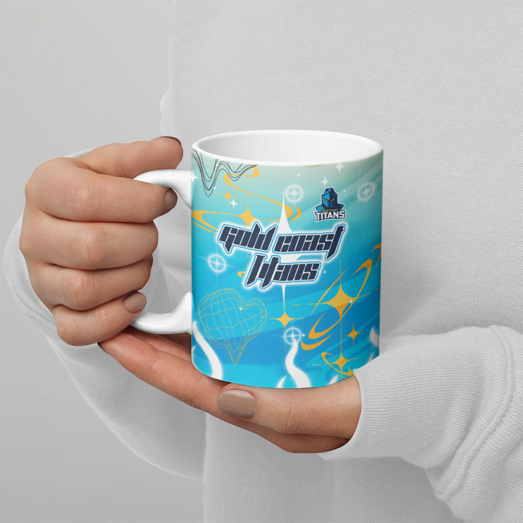 Personalized Gold Coast Titans Ceramic Mug Y2K Grunge Aesthetic With Cyber Flames and Starburst Graphics