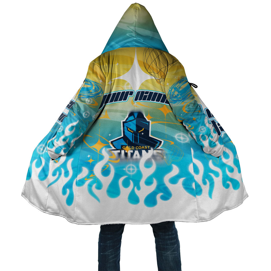 Personalized Gold Coast Titans Cloak Y2K Grunge Aesthetic With Cyber Flames and Starburst Graphics