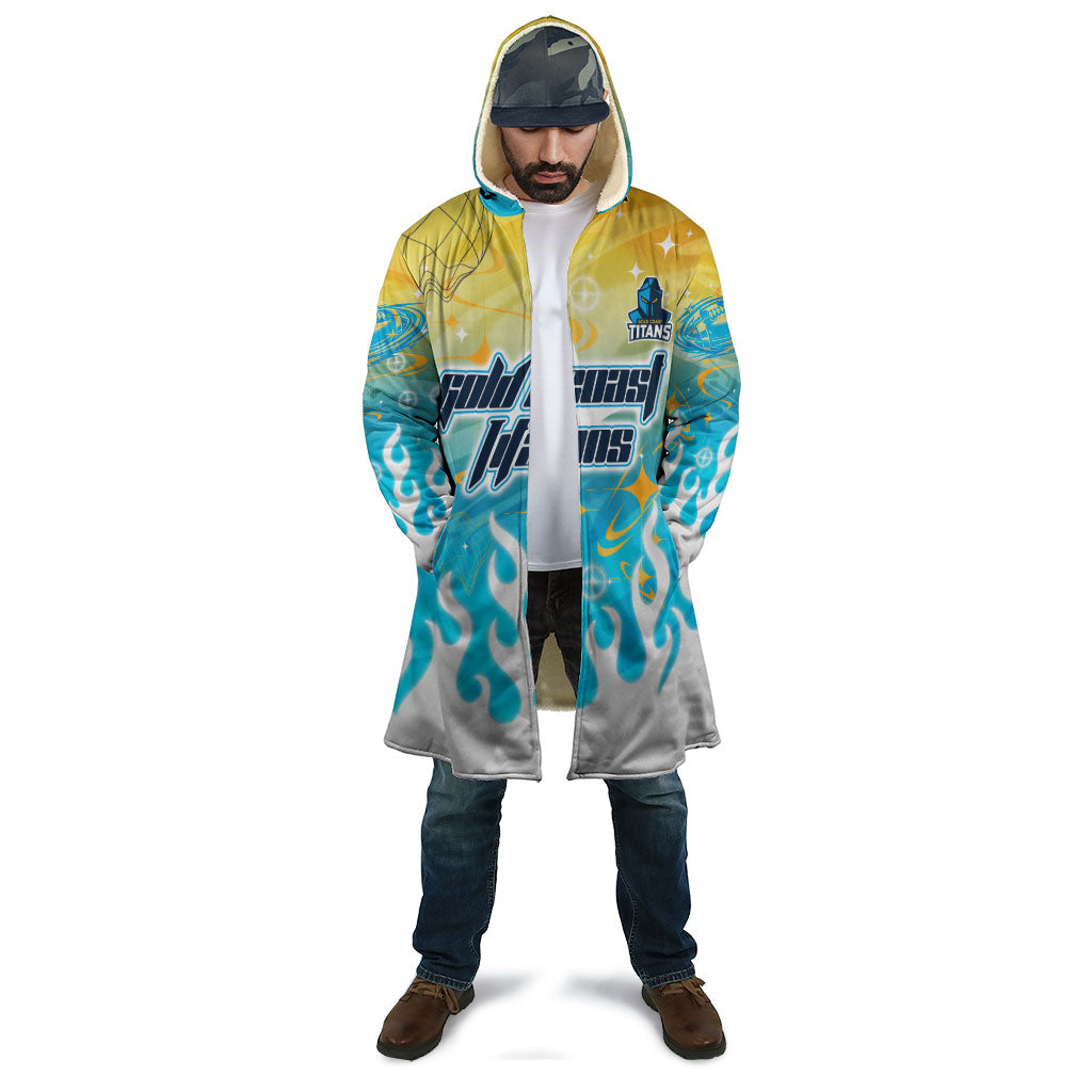 Personalized Gold Coast Titans Cloak Y2K Grunge Aesthetic With Cyber Flames and Starburst Graphics