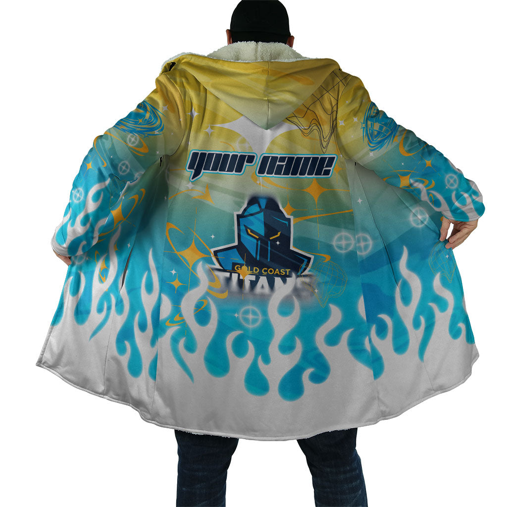 Personalized Gold Coast Titans Cloak Y2K Grunge Aesthetic With Cyber Flames and Starburst Graphics