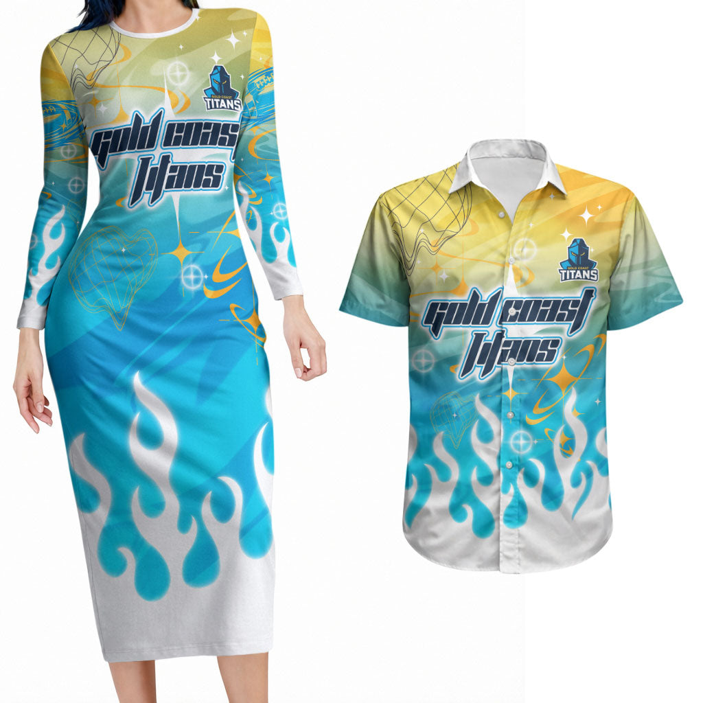 Personalized Gold Coast Titans Couples Matching Long Sleeve Bodycon Dress and Hawaiian Shirt Y2K Grunge Aesthetic With Cyber Flames and Starburst Graphics