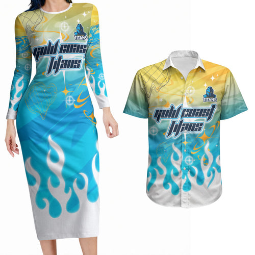 Personalized Gold Coast Titans Couples Matching Long Sleeve Bodycon Dress and Hawaiian Shirt Y2K Grunge Aesthetic With Cyber Flames and Starburst Graphics