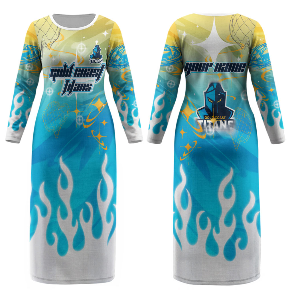 Personalized Gold Coast Titans Couples Matching Long Sleeve Bodycon Dress and Hawaiian Shirt Y2K Grunge Aesthetic With Cyber Flames and Starburst Graphics