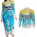 Personalized Gold Coast Titans Couples Matching Long Sleeve Bodycon Dress and Long Sleeve Button Shirt Y2K Grunge Aesthetic With Cyber Flames and Starburst Graphics