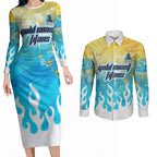 Personalized Gold Coast Titans Couples Matching Long Sleeve Bodycon Dress and Long Sleeve Button Shirt Y2K Grunge Aesthetic With Cyber Flames and Starburst Graphics