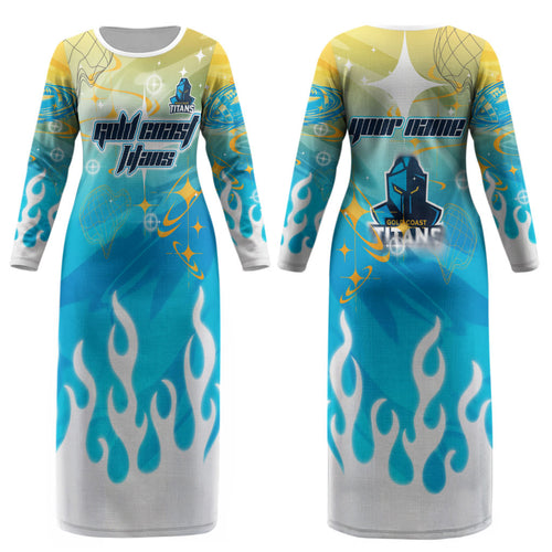 Personalized Gold Coast Titans Couples Matching Long Sleeve Bodycon Dress and Long Sleeve Button Shirt Y2K Grunge Aesthetic With Cyber Flames and Starburst Graphics