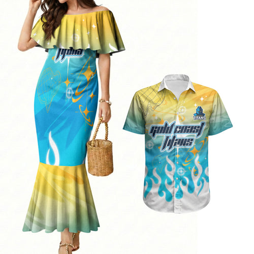 Personalized Gold Coast Titans Couples Matching Mermaid Dress and Hawaiian Shirt Y2K Grunge Aesthetic With Cyber Flames and Starburst Graphics