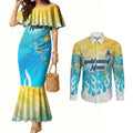Personalized Gold Coast Titans Couples Matching Mermaid Dress and Long Sleeve Button Shirt Y2K Grunge Aesthetic With Cyber Flames and Starburst Graphics