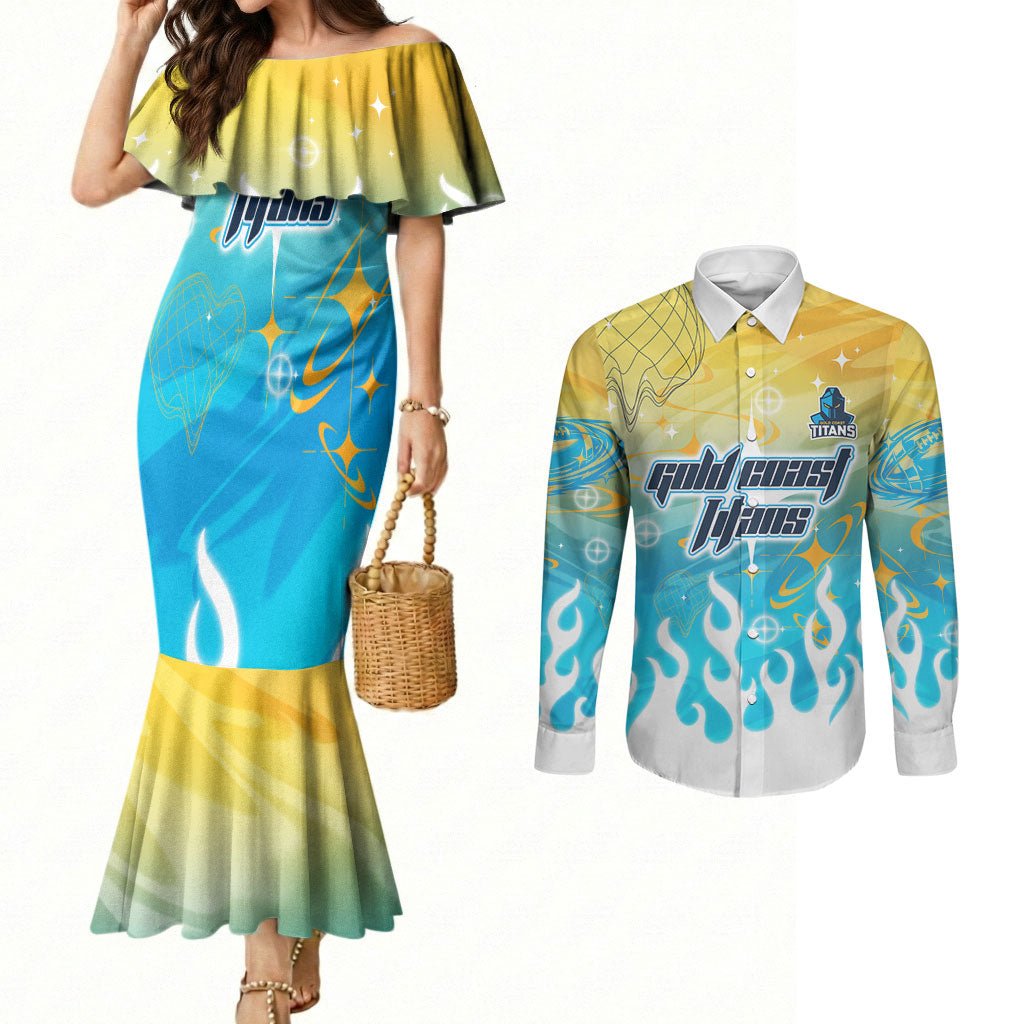 Personalized Gold Coast Titans Couples Matching Mermaid Dress and Long Sleeve Button Shirt Y2K Grunge Aesthetic With Cyber Flames and Starburst Graphics