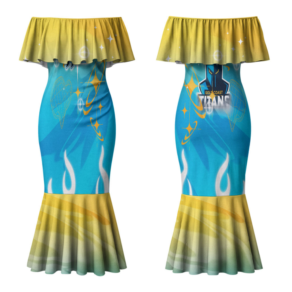 Personalized Gold Coast Titans Couples Matching Mermaid Dress and Long Sleeve Button Shirt Y2K Grunge Aesthetic With Cyber Flames and Starburst Graphics