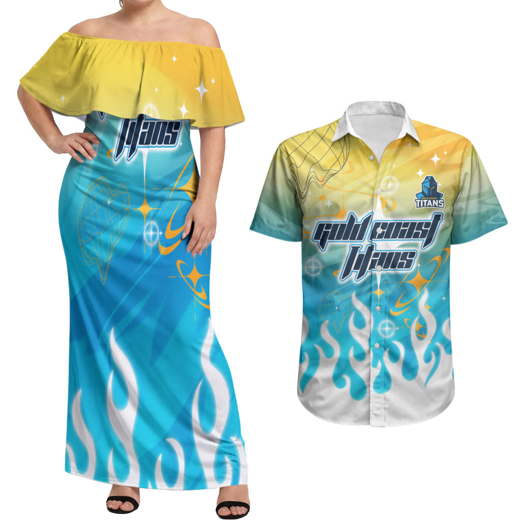 Personalized Gold Coast Titans Couples Matching Off Shoulder Maxi Dress and Hawaiian Shirt Y2K Grunge Aesthetic With Cyber Flames and Starburst Graphics