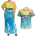 Personalized Gold Coast Titans Couples Matching Off Shoulder Maxi Dress and Hawaiian Shirt Y2K Grunge Aesthetic With Cyber Flames and Starburst Graphics