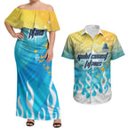 Personalized Gold Coast Titans Couples Matching Off Shoulder Maxi Dress and Hawaiian Shirt Y2K Grunge Aesthetic With Cyber Flames and Starburst Graphics