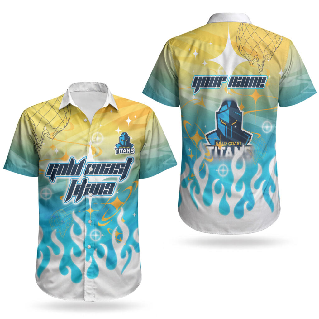 Personalized Gold Coast Titans Couples Matching Off Shoulder Maxi Dress and Hawaiian Shirt Y2K Grunge Aesthetic With Cyber Flames and Starburst Graphics