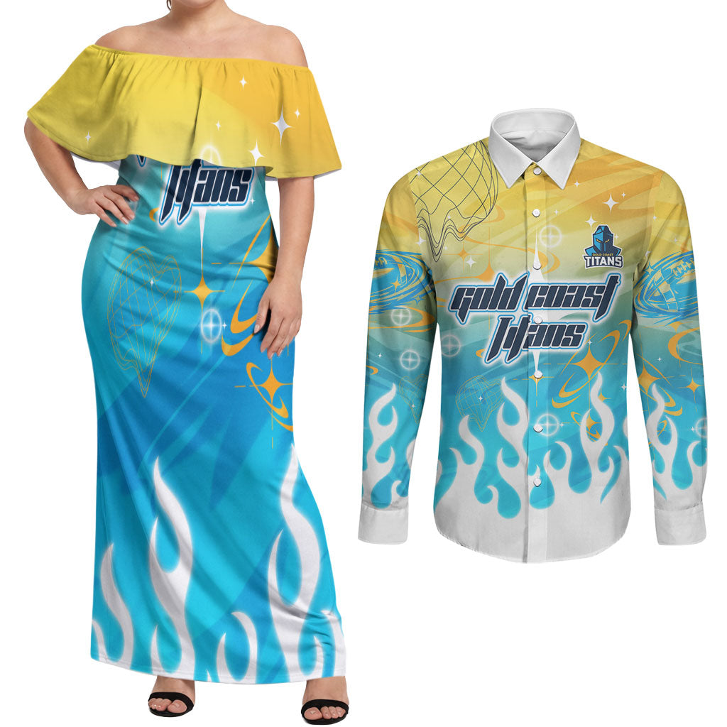 Personalized Gold Coast Titans Couples Matching Off Shoulder Maxi Dress and Long Sleeve Button Shirt Y2K Grunge Aesthetic With Cyber Flames and Starburst Graphics